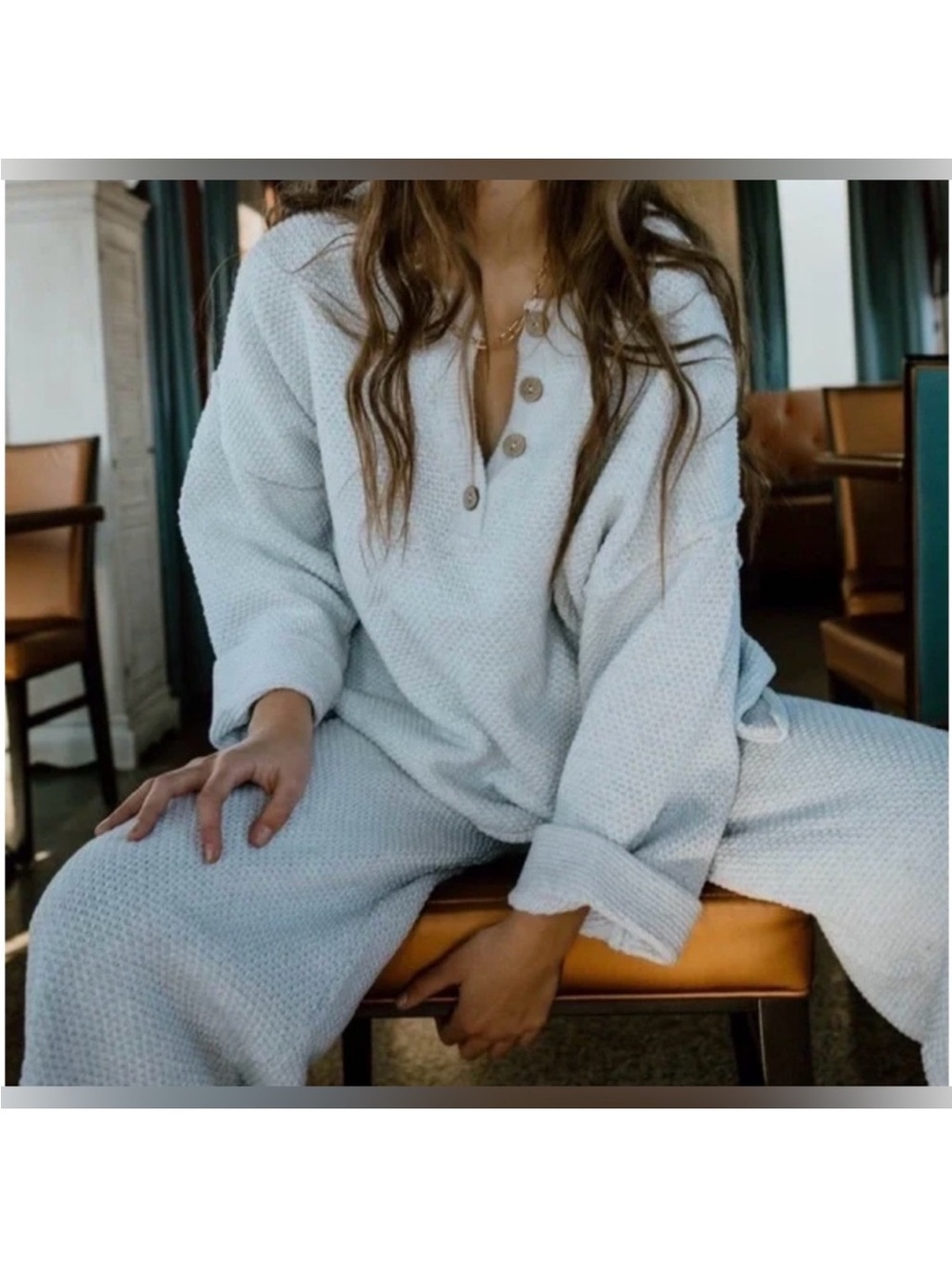 Free People Light Blue Waffle Henley Lounge Set